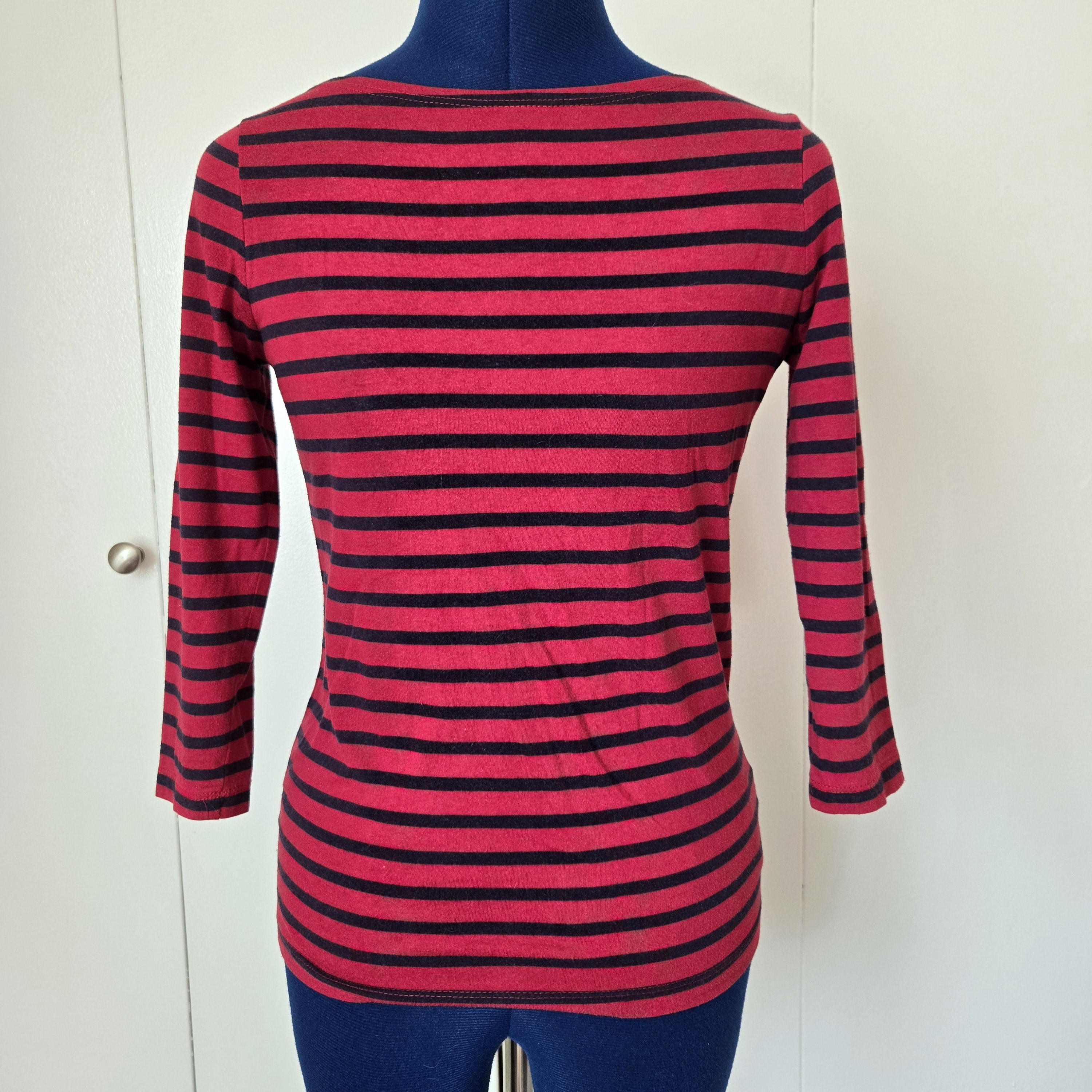 I Love H81 Women's Red Navy Striped Boat Neck 3/4 Sleeve Shirt Size S